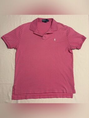Polo by Ralph Lauren Pink and White Striped Polo Shirt, 100% Cotton